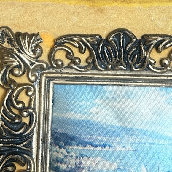 Vintage Ornate Frame Flocked Border Seascape Miniature Silk Wall Decor MCM - Picture 5 of 5